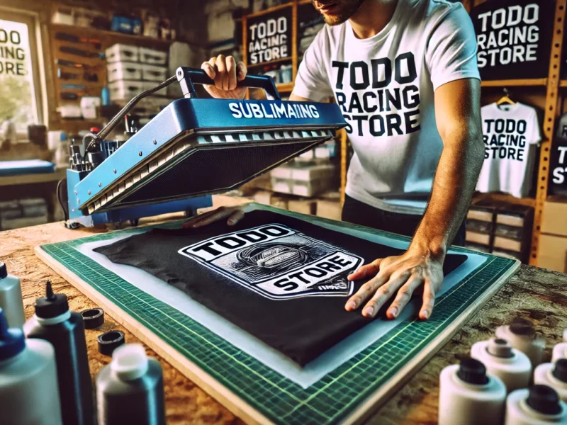 DALL·E 2024-07-22 16.17.37 - A wide horizontal image of a person sublimating a T-shirt with a logo that says 'Todo Racing Store'. The scene should show the person working with a h